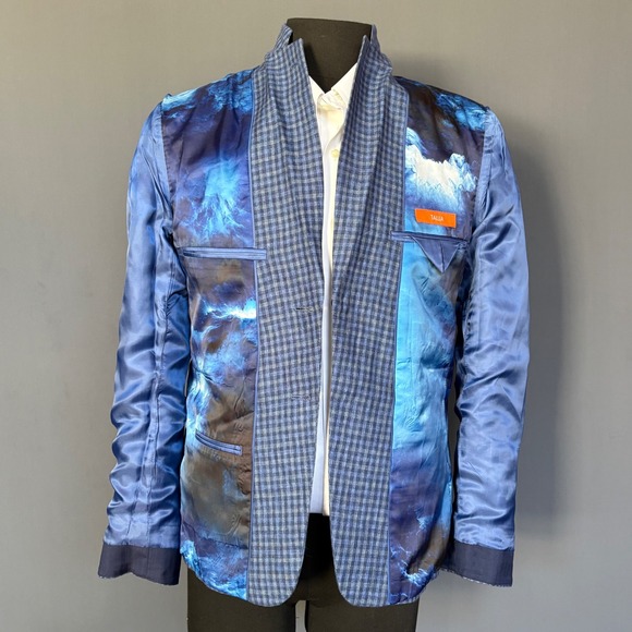 Tallia Linen Gingham Blazer | Size 36-38R | Blue Check Gold‎ Button Sport Coat - Picture 7 of 9